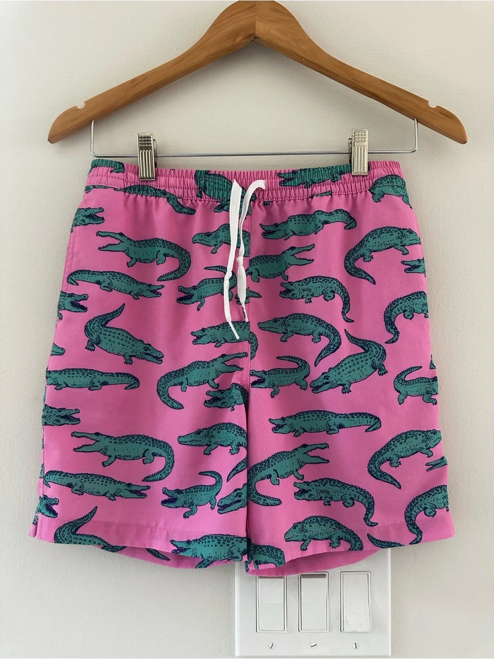 Chubbies Kids Pink Swim Trunks with Green Alligator Print